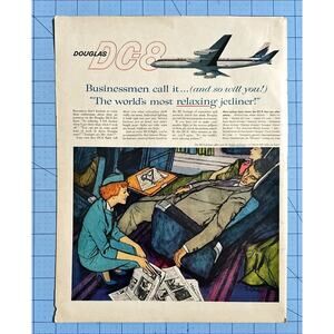 1959 DOUGLAS DC-8 Jetliner Asleep On The Plane art Vintage Print Ad